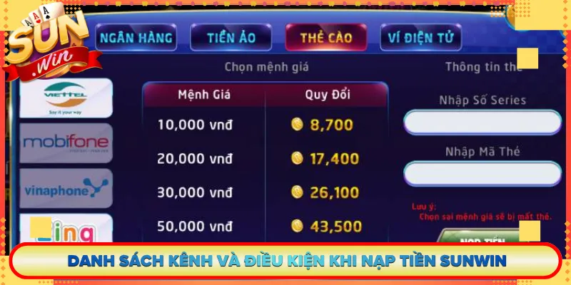 Danh sách kênh và điều kiện khi nạp tiền Sunwin